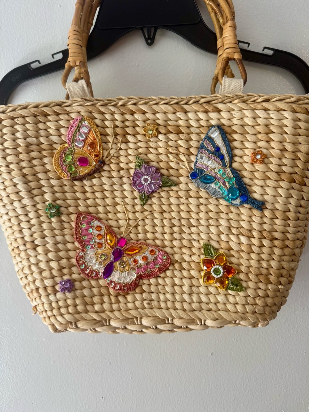 Cappelli Straworld Natural Straw Tote Colorful Embellished Butterflies 15x9” - Picture 14 of 16
